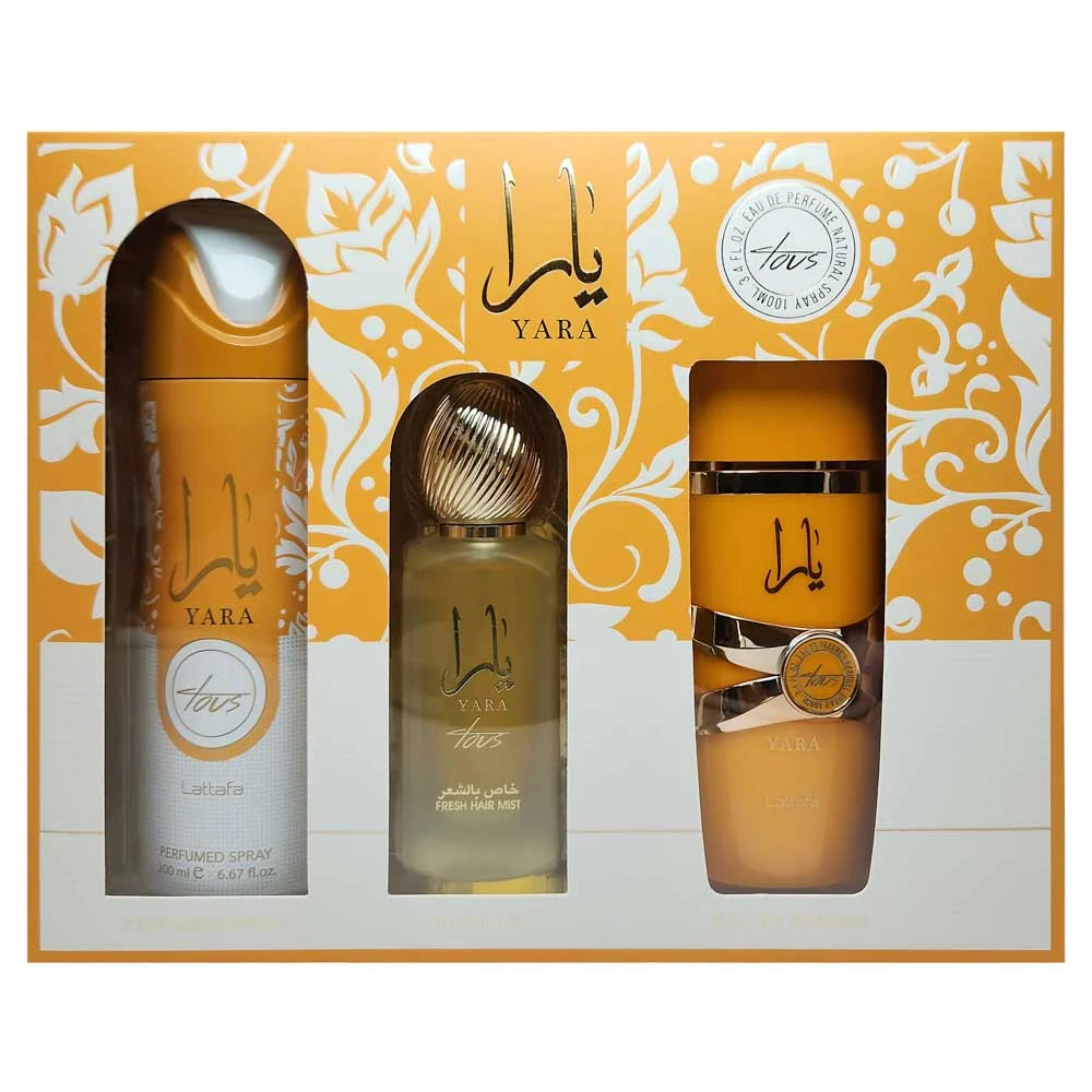 SET Colección YARA TOUS Set de regalo 3 piezas 100 ml EDP + Bruma para el cabello 50 ml + Spray corporal 200 ml By Lattafa