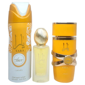 Yara Tous Collection Gift Set 3.4 Oz/100 ml By Lattafa EDP + 1.7 Oz Hair Mist + 6.8 Oz Body Spray