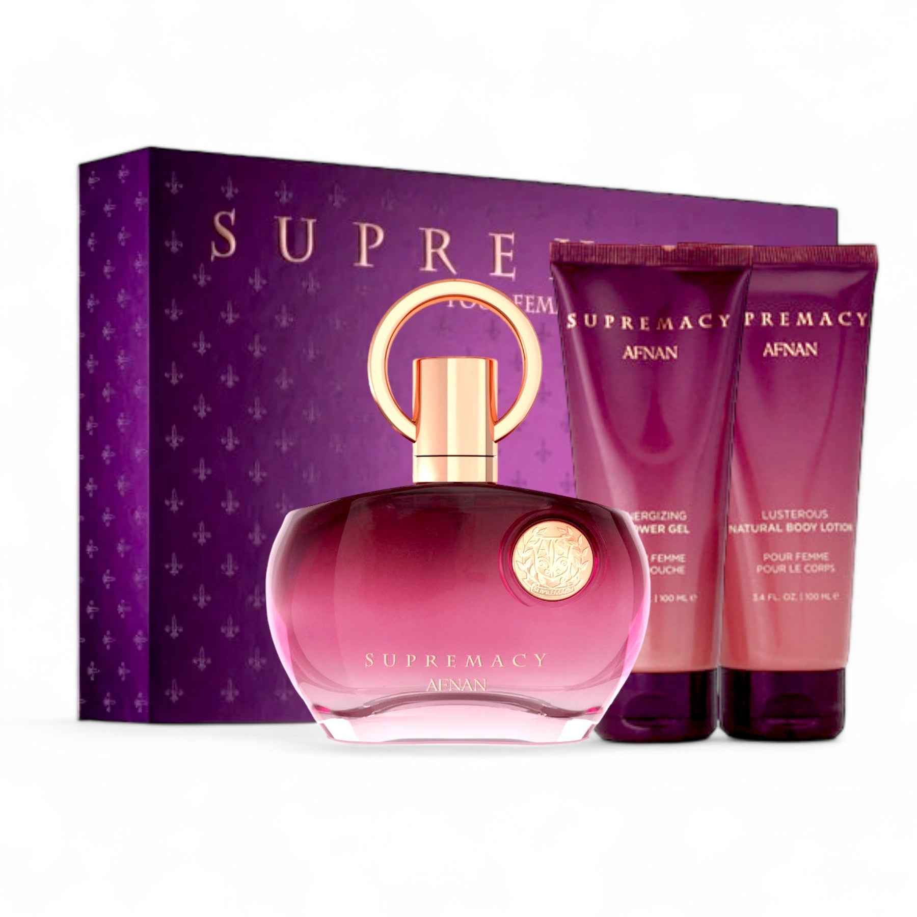 The Afnan Supremacy Purple Gift Set boasts a luxurious purple and gold theme, featuring a circular bottle of Supremacy Eau de Parfum with a gold ring cap, plus two purple tubes labeled Energizing Shower Gel and Lustrous Natural Body Lotion. Completing the set is an elegant purple box adorned with gold accents.