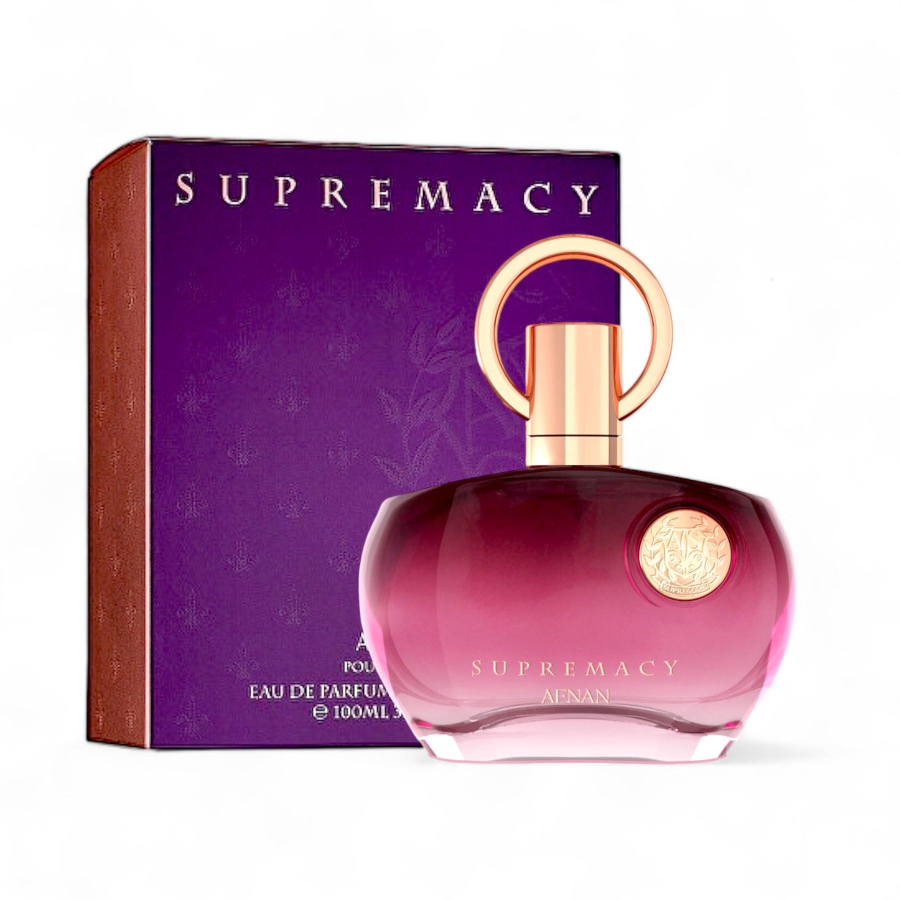 A luxury perfume bottle with a purple gradient and a gold circular cap is shown in front of its matching purple and gold box. The text “SUPREMACY” is prominently displayed on both the bottle and the box, highlighting the elegance and charm of Supremacy Purple by Afnan, an exquisite women's fragrance labeled as "Eau de Parfum." This 3.4 oz/100 ml bottle of Supremacy Purple EDP Perfume for Women captures sophistication at its finest.